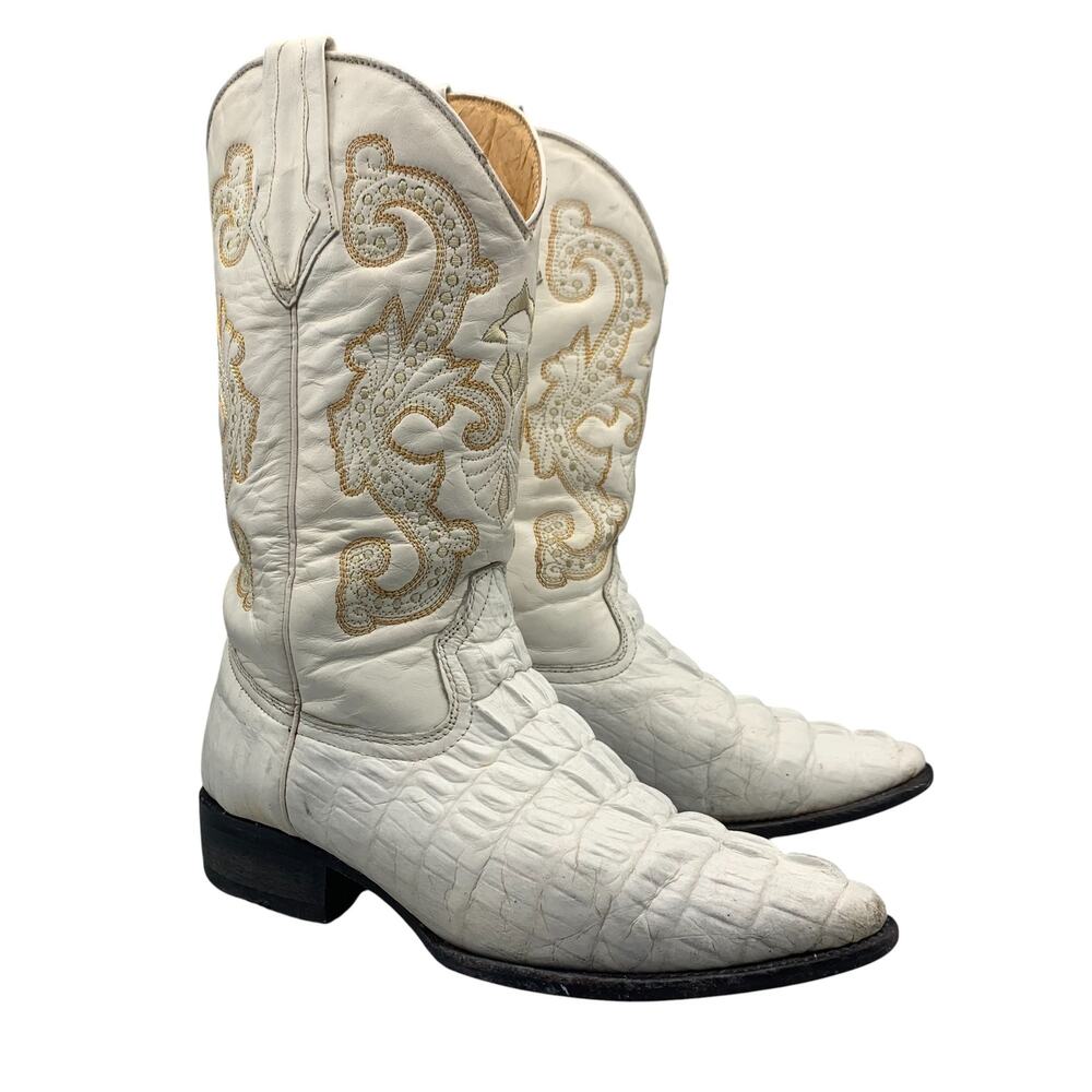 Potrero Mens Western Boots Size 7.5 US White Crocodile Leather Cowboy Distressed